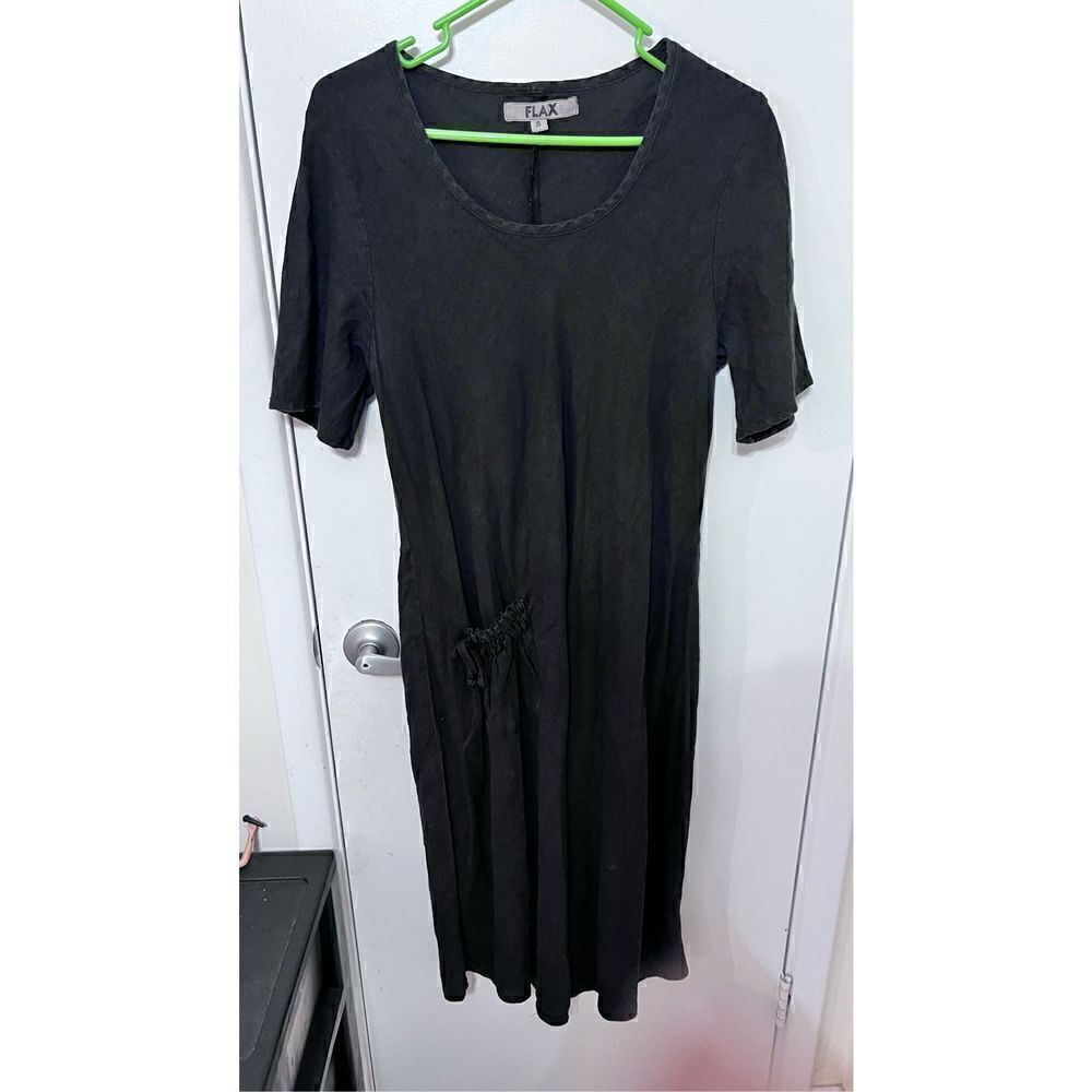 Flax Women's Linen Scoop Neck Short Sleeve Shift Dress In Solid Black Size Small